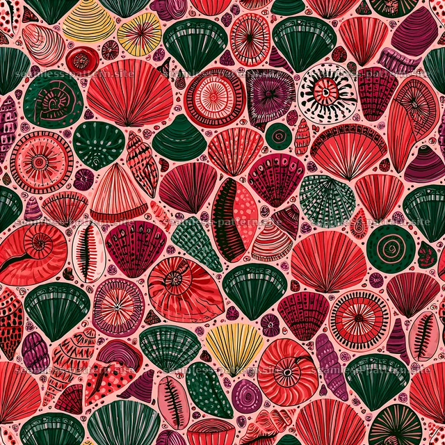 Colorful seashells on a pink background in a seamless pattern — seamless tileable pattern
