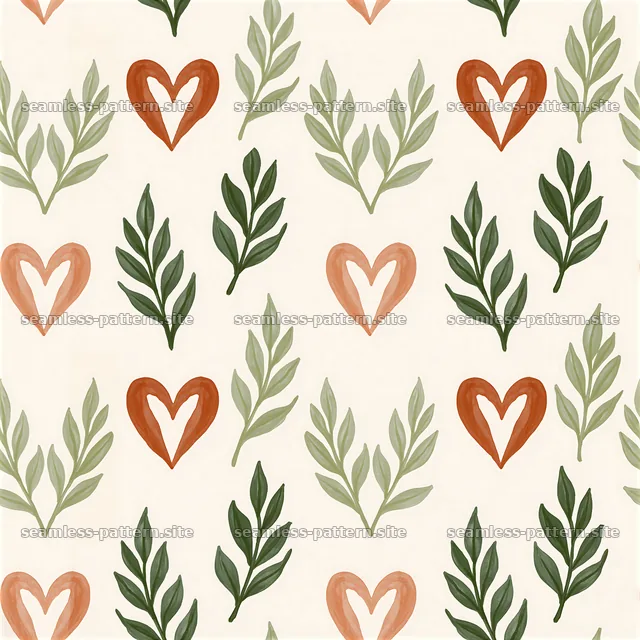 Seamless Leaf and Heart Pattern in Green and Terracotta — seamless tileable pattern