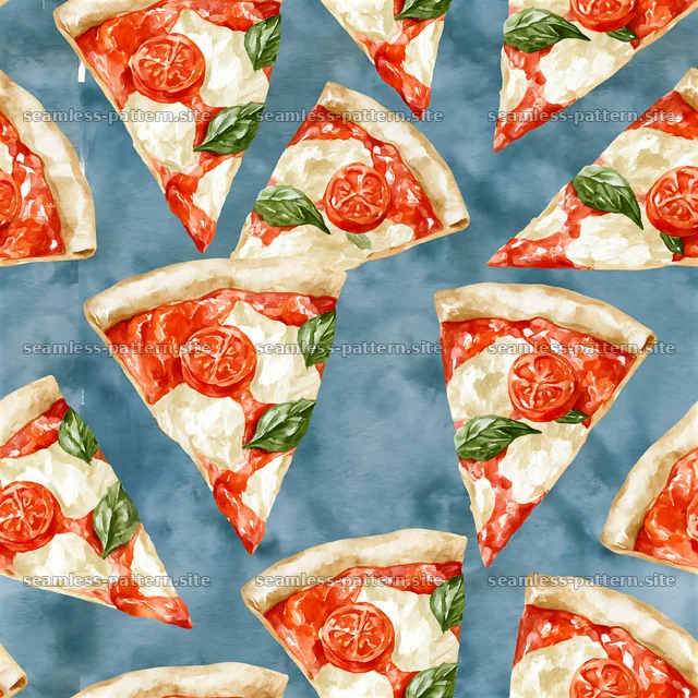 Watercolor Pizza Slice Seamless Pattern on Blue — seamless tileable pattern