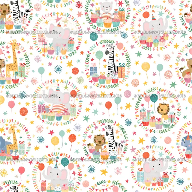 Colorful animals with gifts in circles seamless pattern — seamless tileable pattern