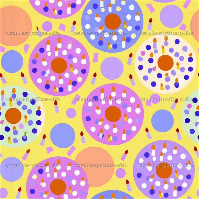 Colorful circles with birthday candles and dots in a seamless layout — seamless tileable pattern