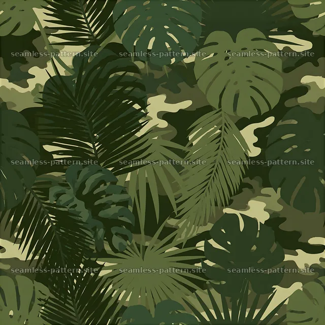 Green jungle camouflage repeating pattern with tropical leaves — seamless tileable pattern