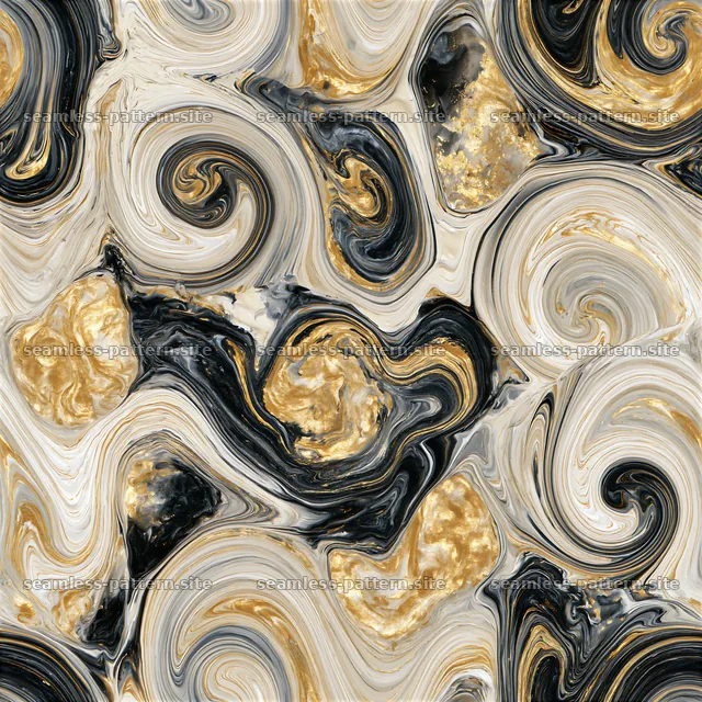 Seamless fluid marble repeat pattern with bold black and gold accents — seamless tileable pattern