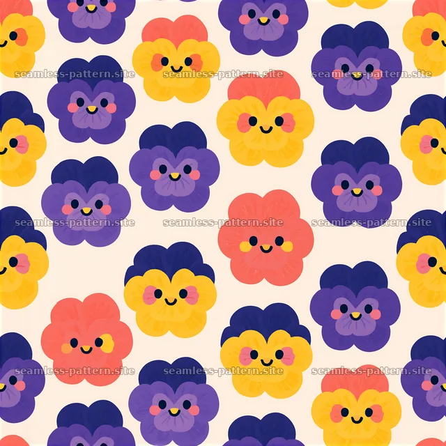 Cute flower faces seamless pattern with cheerful designs — seamless tileable pattern