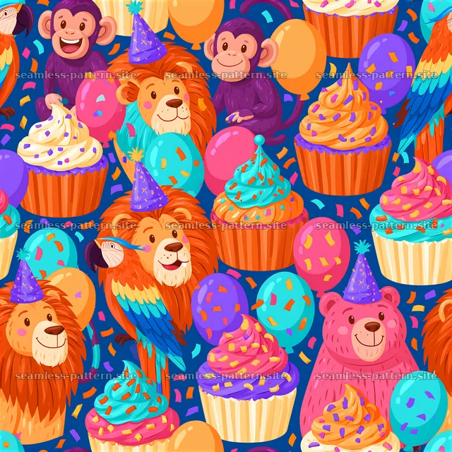 Birthday Party Animals and Cupcakes Seamless Pattern — seamless tileable pattern