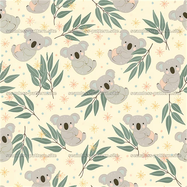 Cute koalas with leaves in a playful seamless pattern design — seamless tileable pattern
