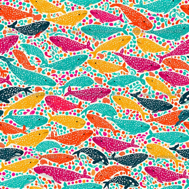 Colorful Whale Seamless Pattern with Sea Motifs — seamless tileable pattern