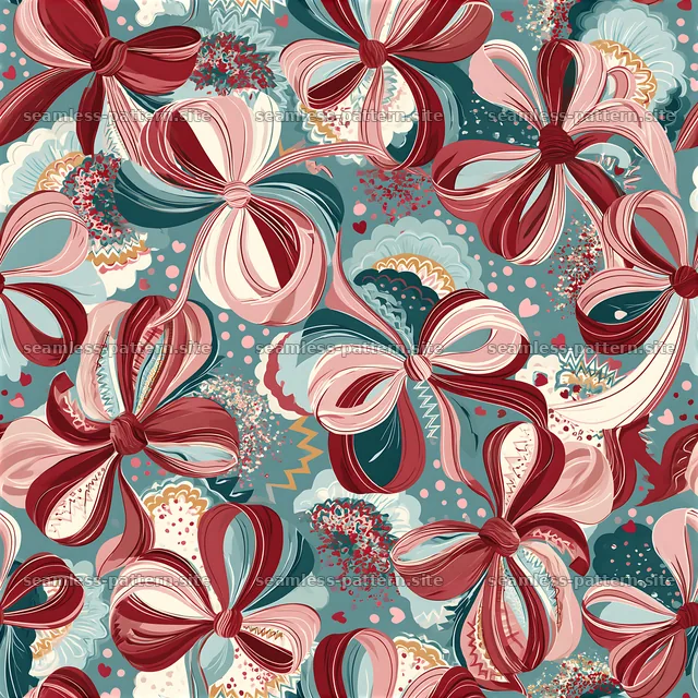 Colorful bows on floral background for fabric design — seamless tileable pattern