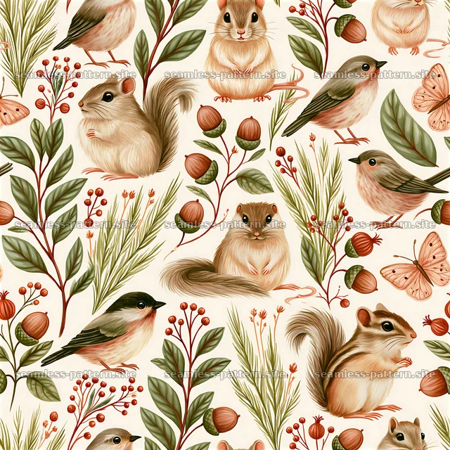Cute animals in a seamless pattern with plants and berries — seamless tileable pattern