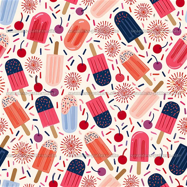Colorful ice cream seamless pattern with popsicles and cherries — seamless tileable pattern