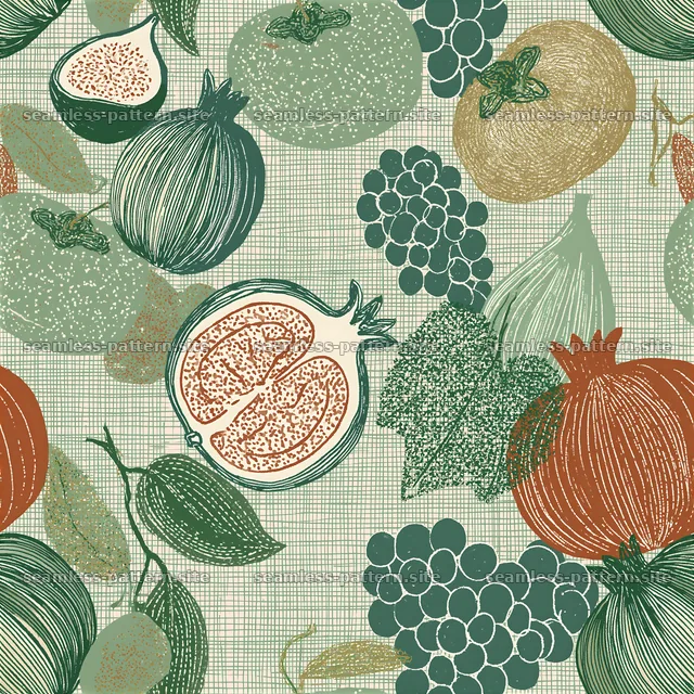 Colorful fruit and leaves seamless pattern on a textured background — seamless tileable pattern