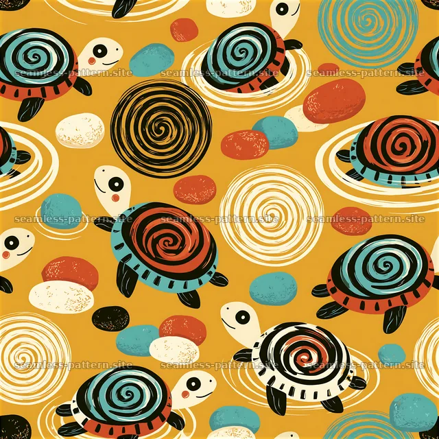 Cute turtle seamless pattern on a yellow background with swirls — seamless tileable pattern