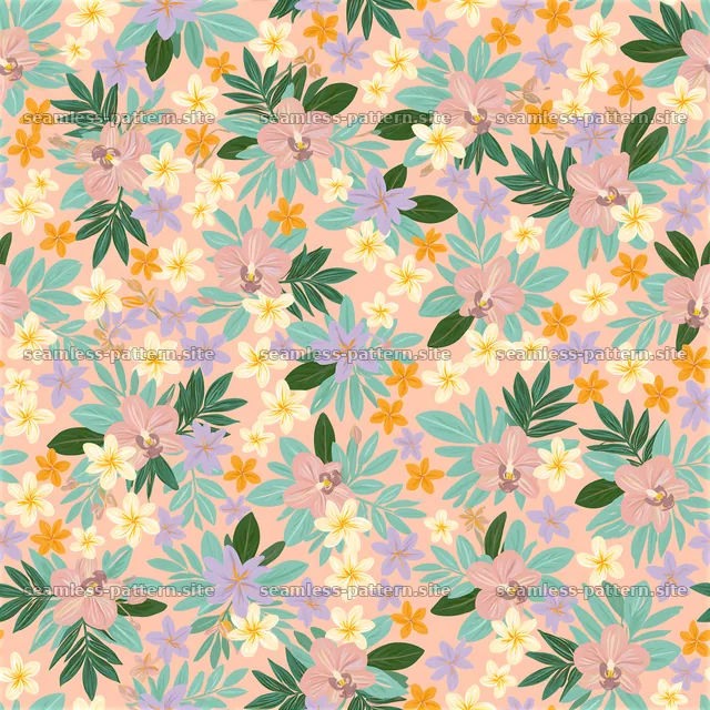 Tropical floral repeat pattern with pink and orange flowers — seamless tileable pattern