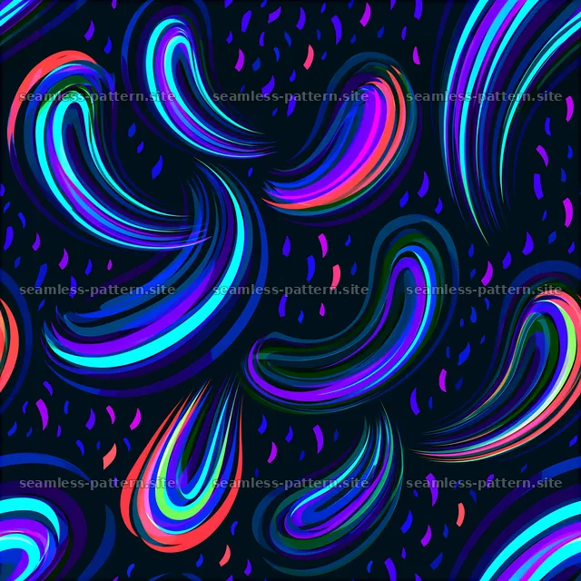Vibrant comet seamless pattern with colorful swirling shapes on dark background — seamless tileable pattern
