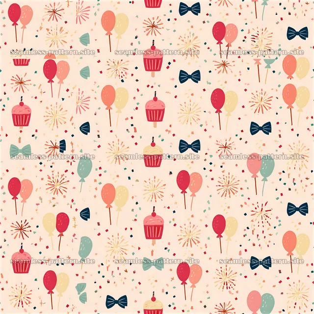Birthday Celebration Seamless Pattern with Balloons and Cupcakes — seamless tileable pattern