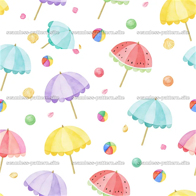 Colorful beach umbrellas tileable pattern features summer elements — seamless tileable pattern