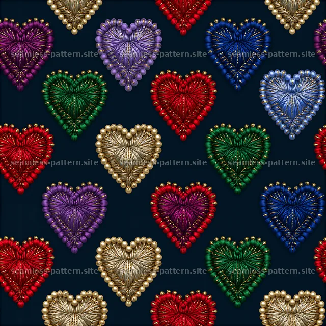 Heart embroidery tileable pattern with colorful hearts on dark background — seamless tileable pattern