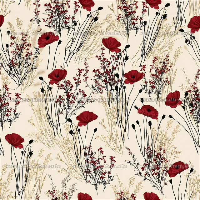 Wildflower pattern with black, red, and gold on beige background — seamless tileable pattern