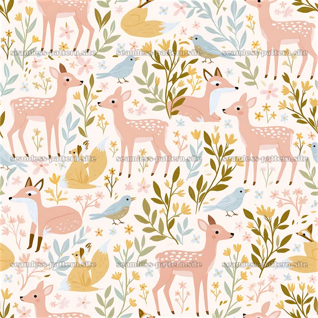 Cute woodland creatures seamless pattern with deer, foxes, and birds — seamless tileable pattern