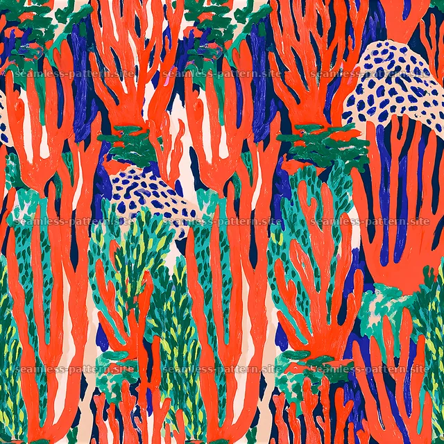 Colorful coral pattern with abstract marine motifs in vibrant tones — seamless tileable pattern