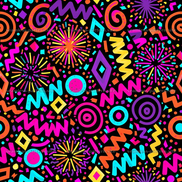 Colorful design of abstract shapes and festive decorations — seamless tileable pattern