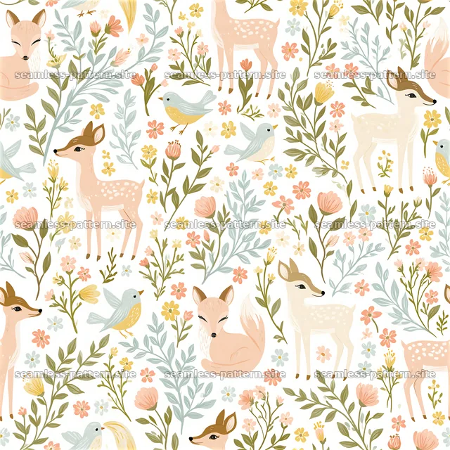 Cute woodland creatures seamless pattern with deer and birds — seamless tileable pattern