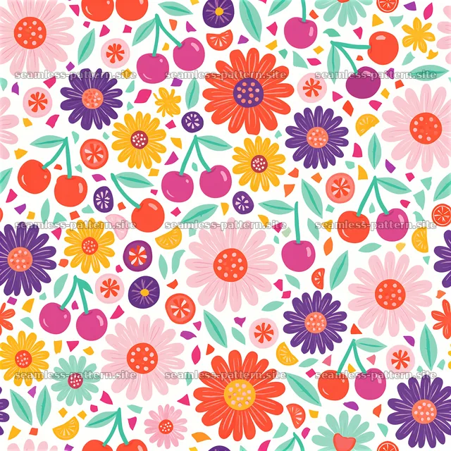 Colorful Kitsch Fruit and Flower Seamless Pattern — seamless tileable pattern