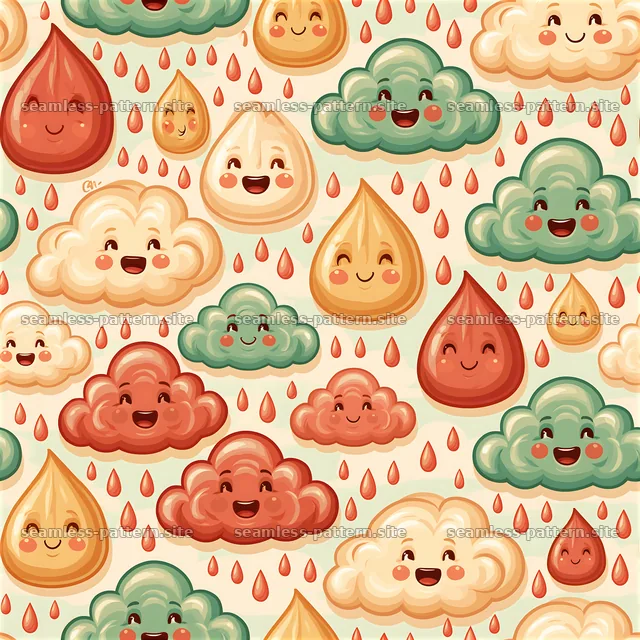 Cute smiling clouds and raindrops seamless pattern — seamless tileable pattern
