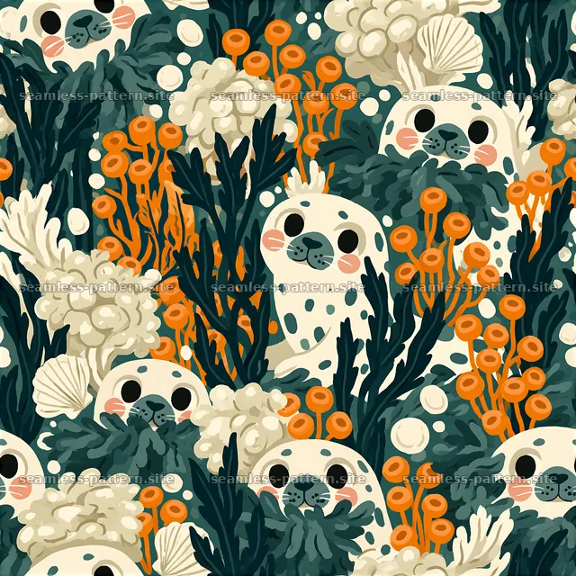 Seal design in a colorful ocean plant seamless pattern — seamless tileable pattern