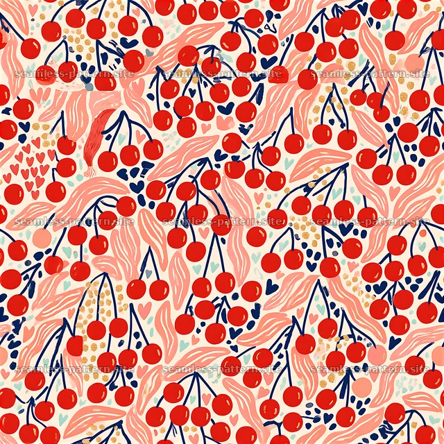 Colorful fruit and heart pattern in bright red and blue — seamless tileable pattern