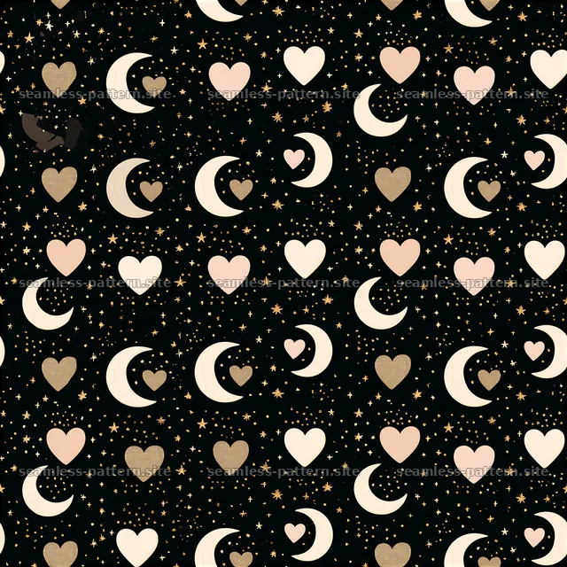 Seamless heart and moon pattern with stars on a dark background — seamless tileable pattern