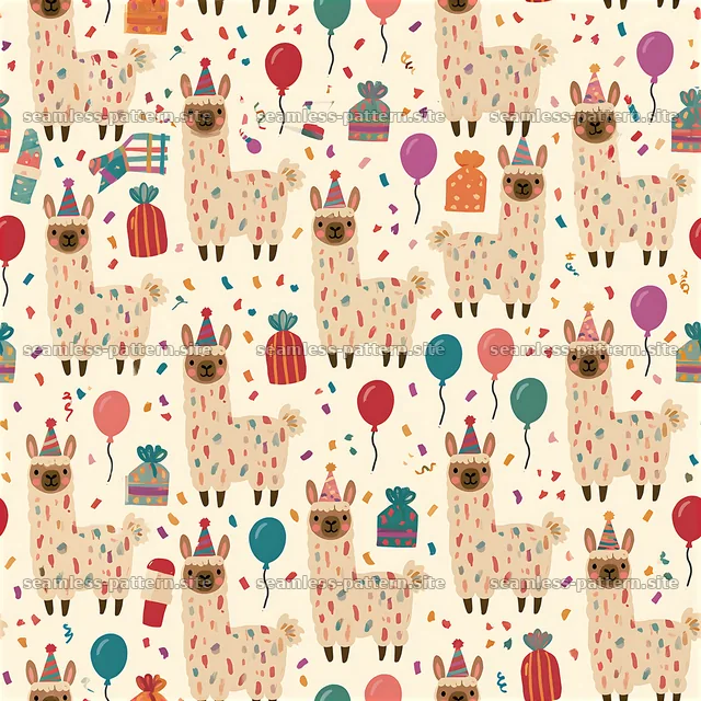 Birthday Llamas Seamless Pattern with Balloons and Gifts — seamless tileable pattern