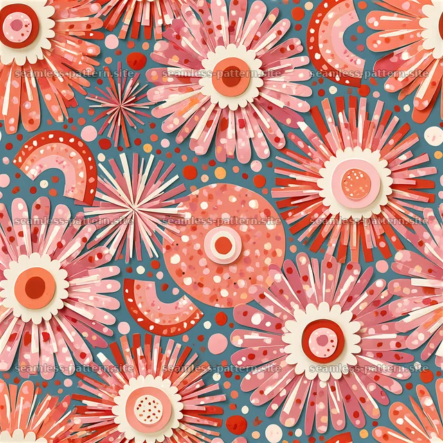 Colorful floral pattern with bursts and circles on a blue background — seamless tileable pattern