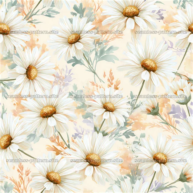 Bright daisy seamless pattern with floral elements on a light — seamless tileable pattern