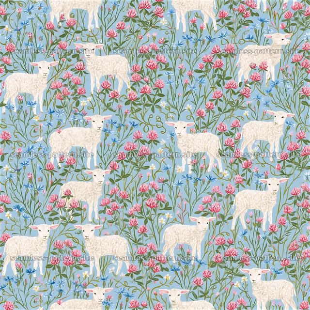 Lambs and Meadow Flowers Seamless Pattern — seamless tileable pattern