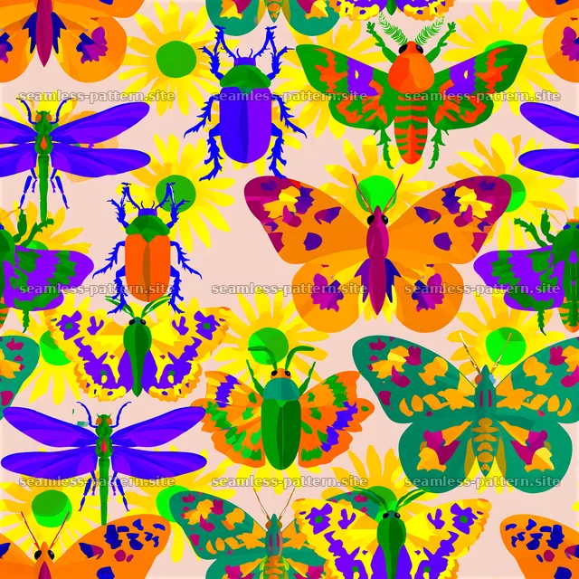 Colorful insect seamless pattern with bright flowers and foliage — seamless tileable pattern