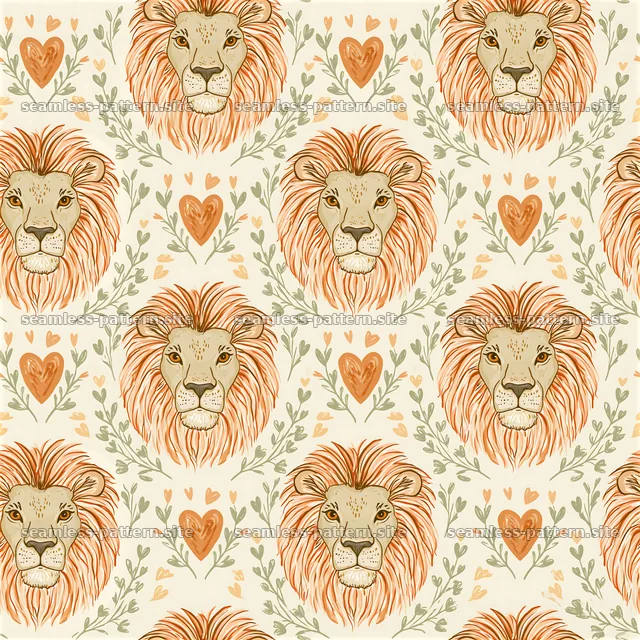Lion face with hearts seamless texture pattern showing lions and hearts — seamless tileable pattern