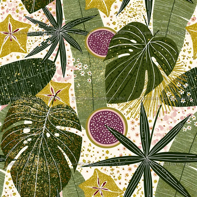 Tropical leaves and shapes in a colorful seamless pattern — seamless tileable pattern