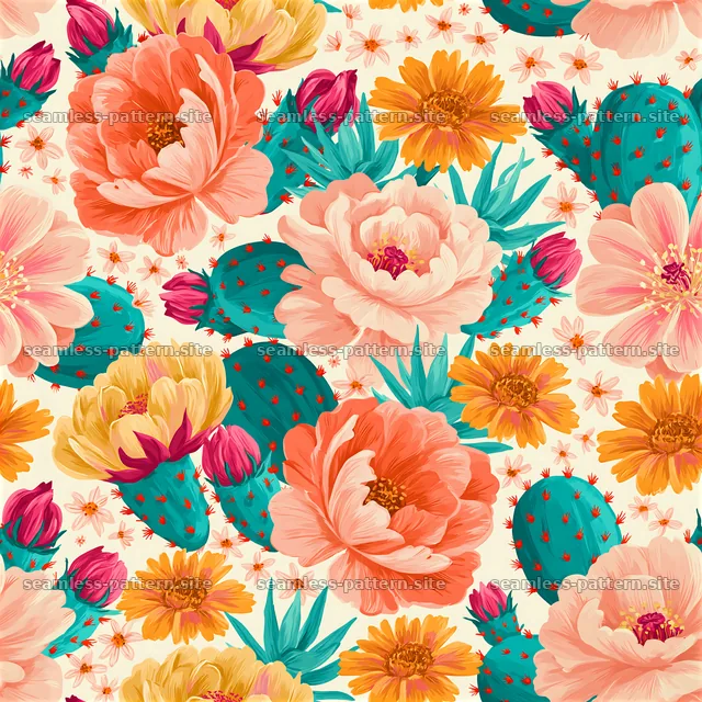 Bright floral seamless pattern with cacti and desert flowers — seamless tileable pattern