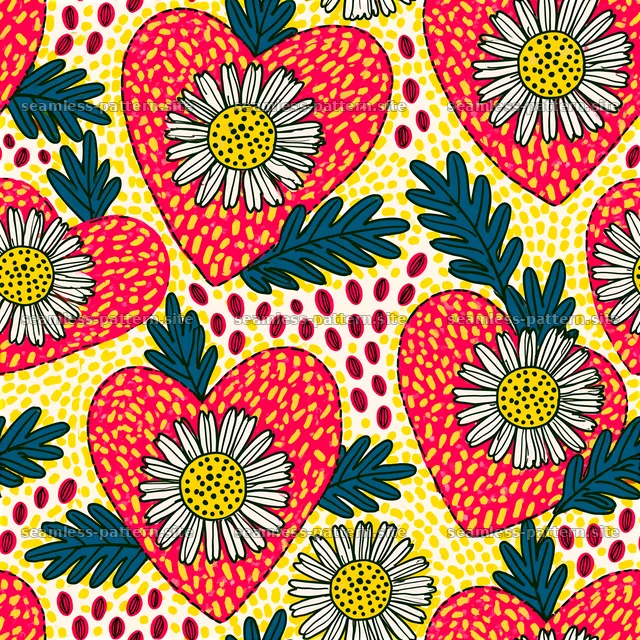 Colorful hearts with flowers and leaves in a seamless design — seamless tileable pattern