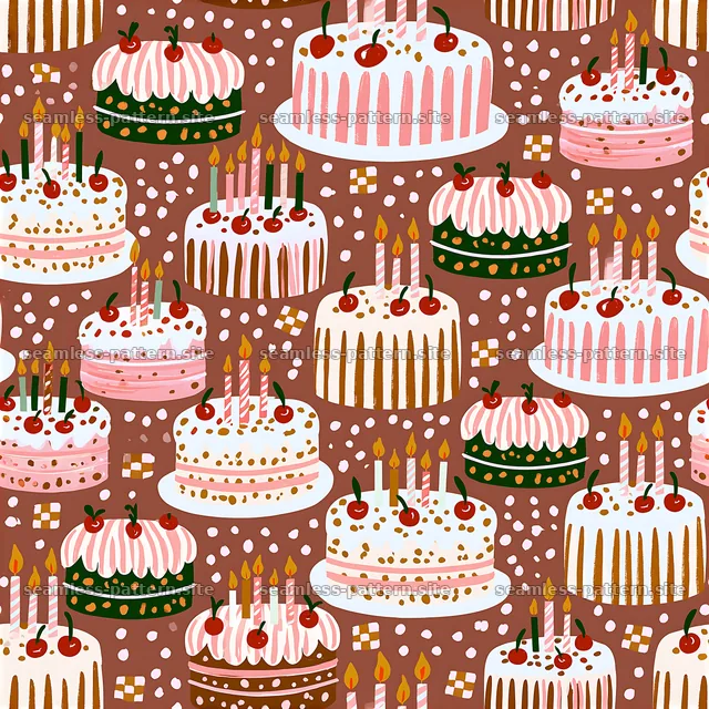 Birthday Cake Repeat Pattern with Candles and Cherries — seamless tileable pattern