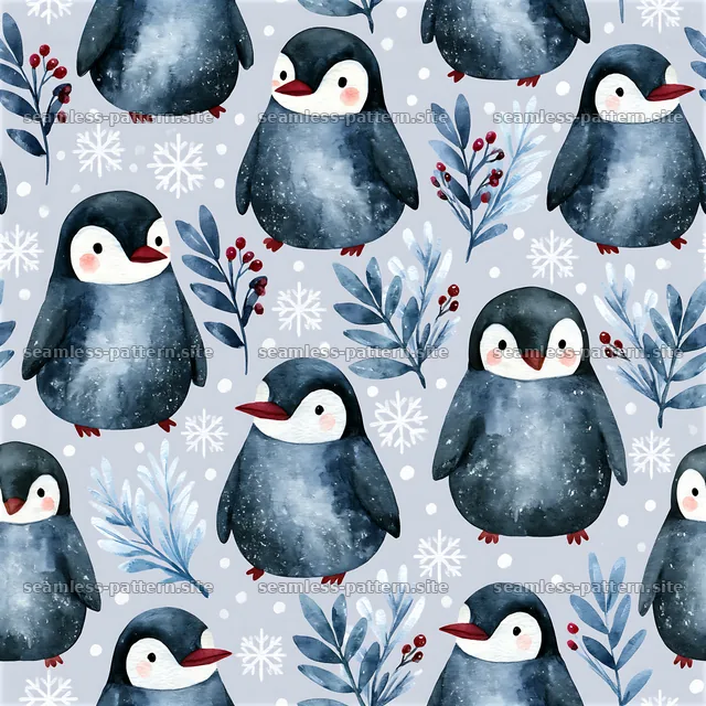 Seamless watercolor animal pattern with playful penguins and greenery — seamless tileable pattern