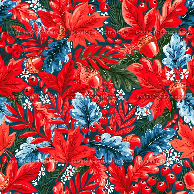 Seamless design of colorful botanical leaves with red and blue — seamless tileable pattern