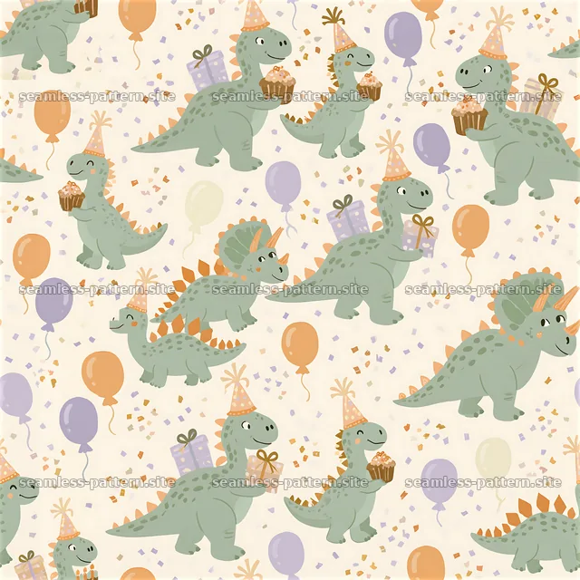Dinosaurs with gifts and balloons in a playful design — seamless tileable pattern