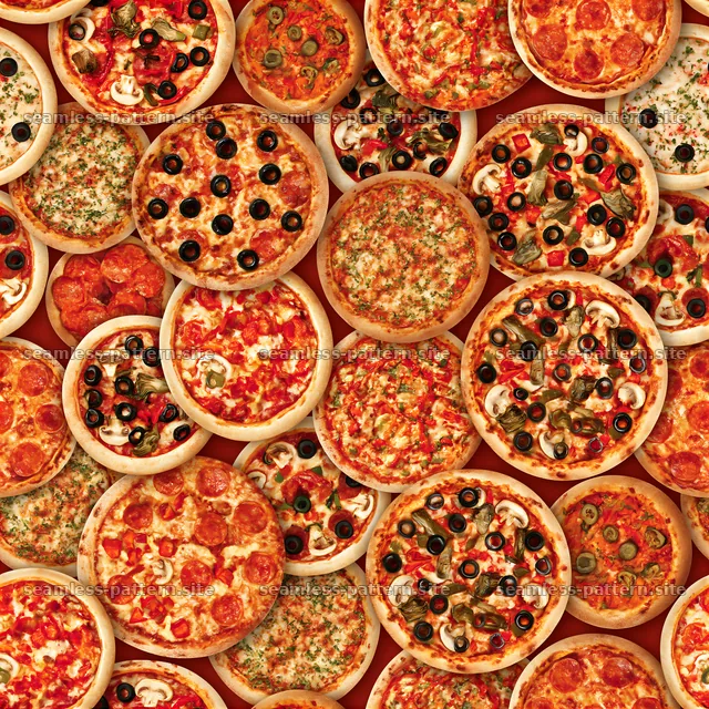 Colorful seamless pattern of various types of pizza — seamless tileable pattern