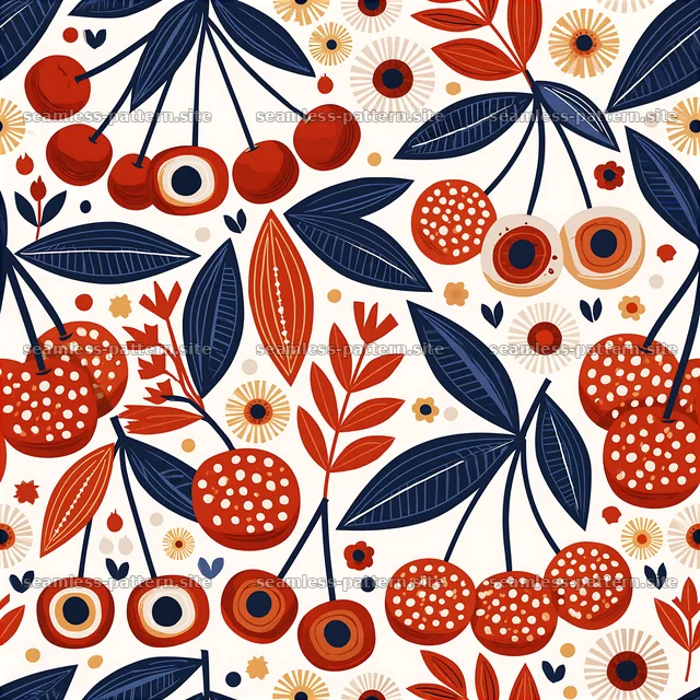 Colorful cherry seamless pattern with leaves and flowers — seamless tileable pattern