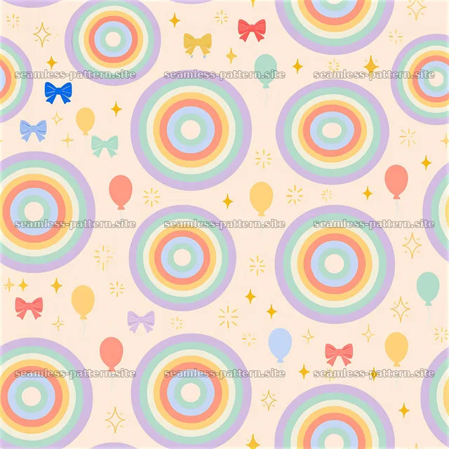 Birthday rainbow pastel seamless pattern with balloons and bows — seamless tileable pattern