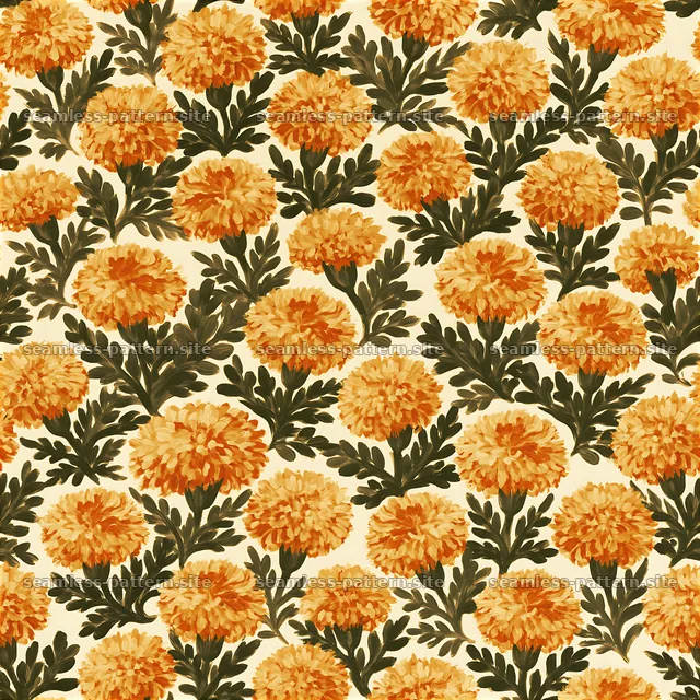 Marigold repeat pattern with green leaves and cream background — seamless tileable pattern