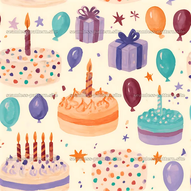 Colorful birthday cake and balloon pattern for playful designs — seamless tileable pattern