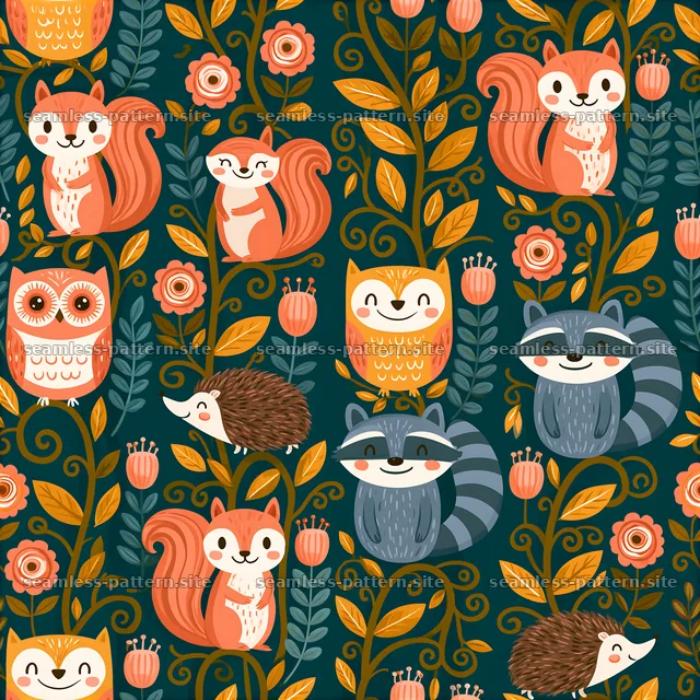 Whimsical woodland creature seamless pattern for kids with vibrant — seamless tileable pattern
